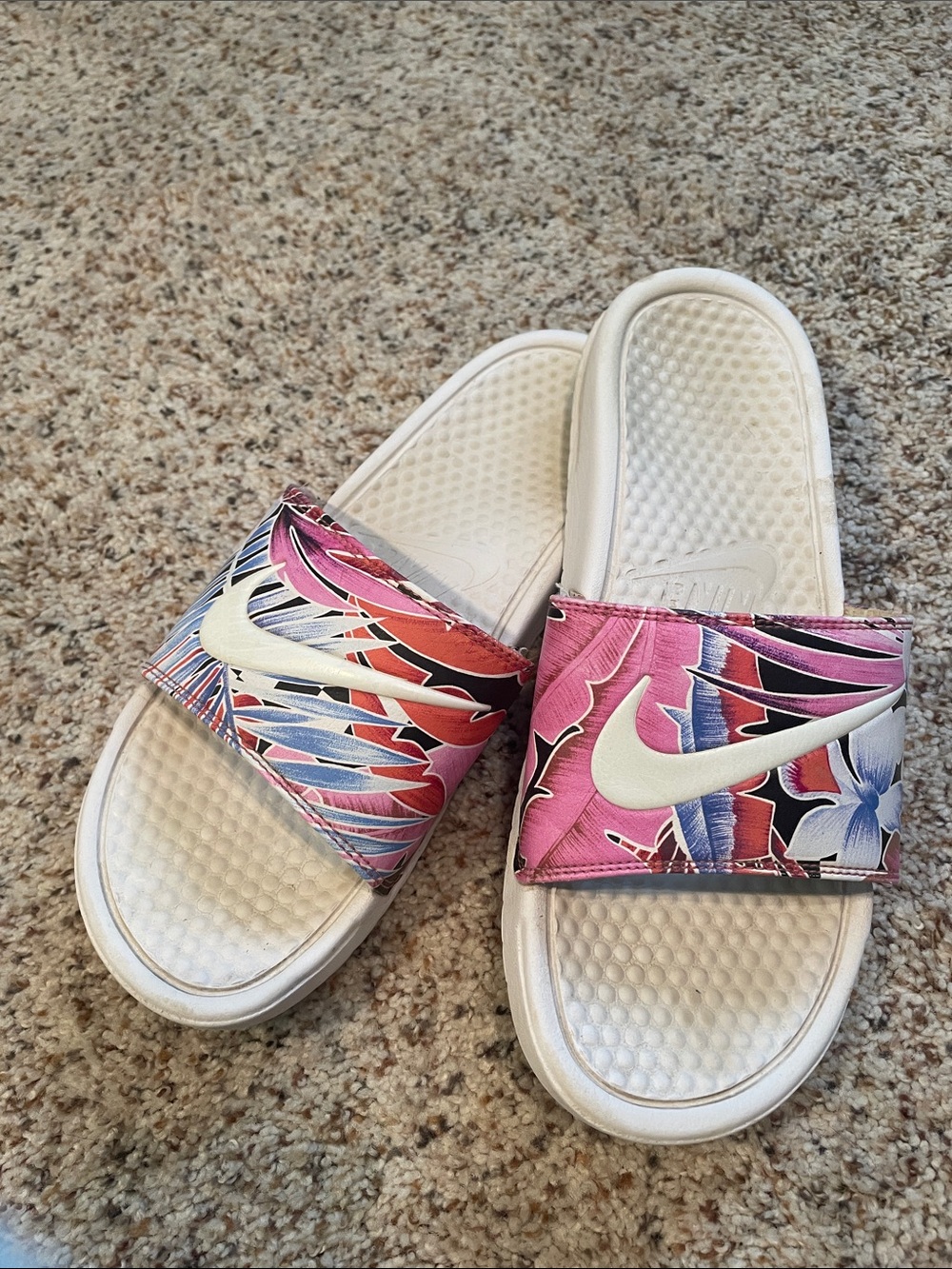 Nike Pink, Blue & White Tropical Print Slide Sandals